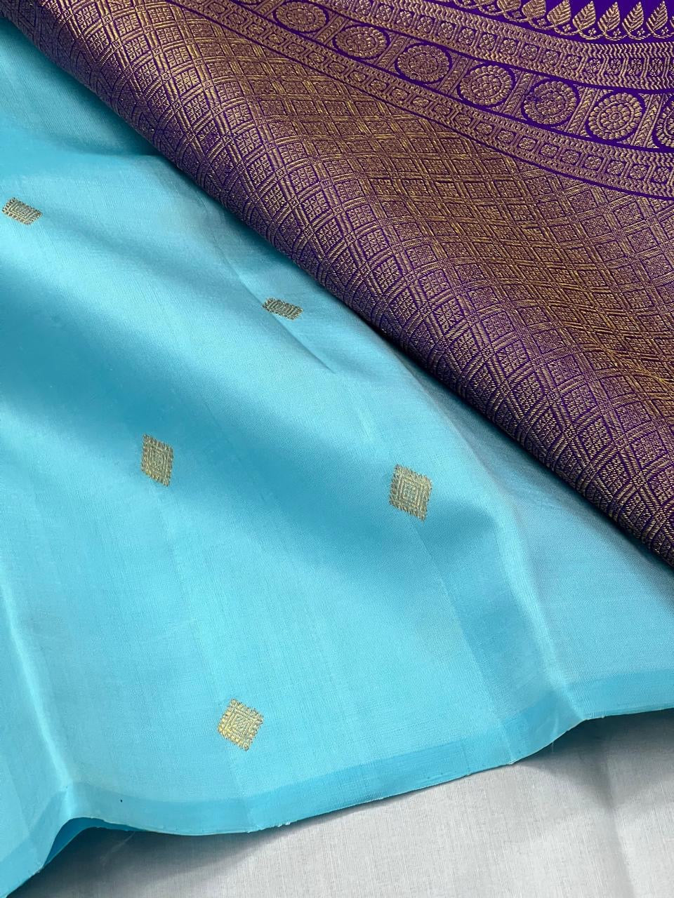 Classic Sky Blue & Violet 2gm Zari Kanchipuram Handloom Silk Saree SS26214