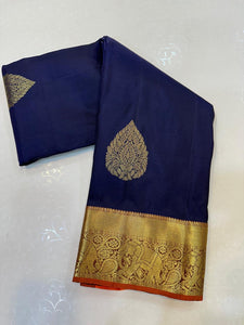 Classic Midnight Blue & Orange Elegance Kanchipuram Handloom Silk Saree SS24325