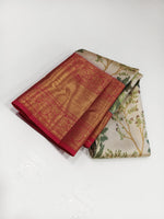 Load image into Gallery viewer, Classic Butter Cream &amp; Red 2gm Zari Digital Print Bridal Elegance Kanchipuram Handloom Silk Saree SS25298
