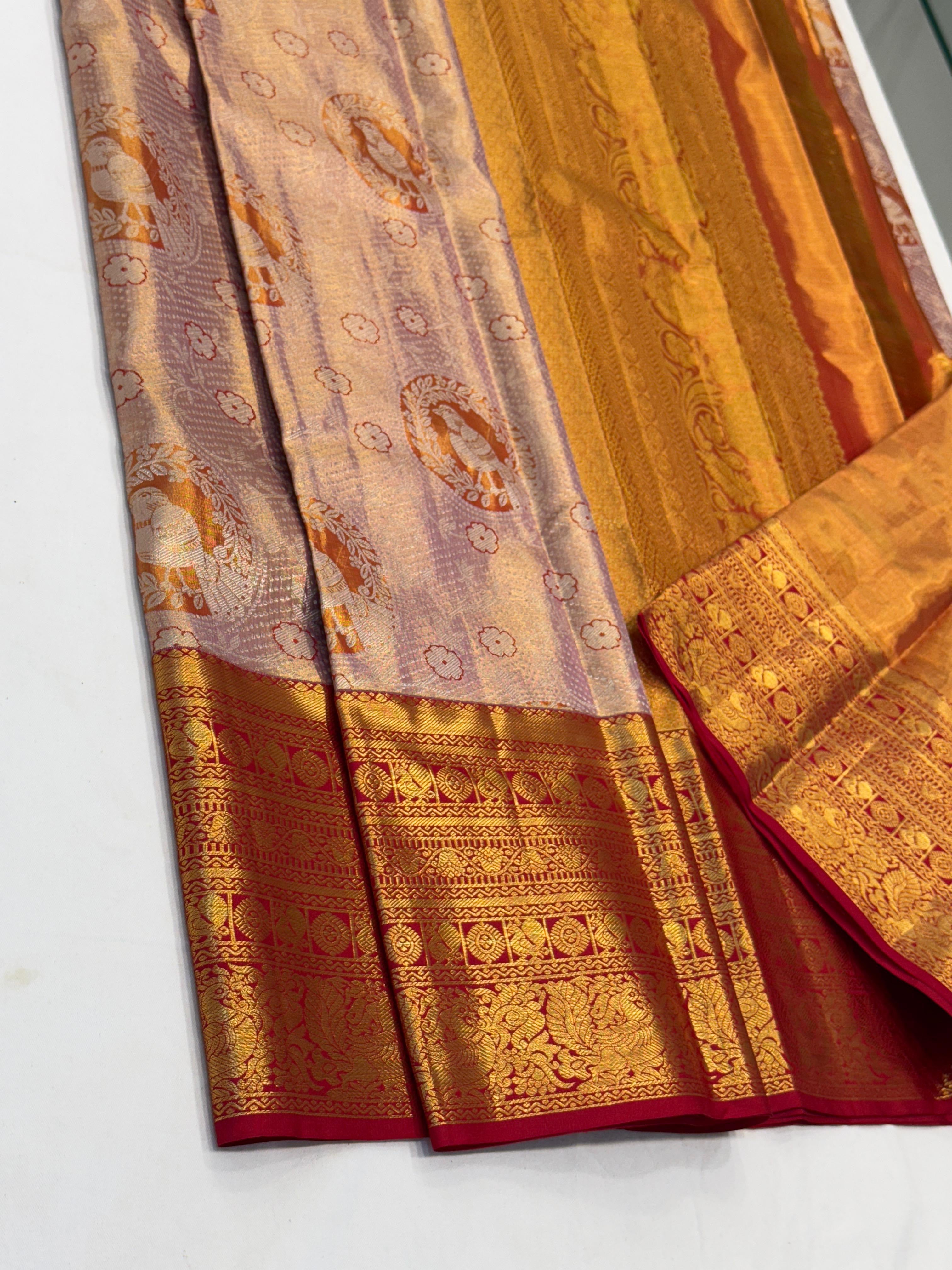 Classic Rose Gold & Brick Red Bridal Elegance Kanchipuram Tissue Handloom Silk Saree SS24179