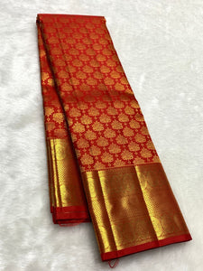 Classic Deep Orange 2gm Zari Bridal Elegance Kanchipuram Handloom Silk Saree SS25449