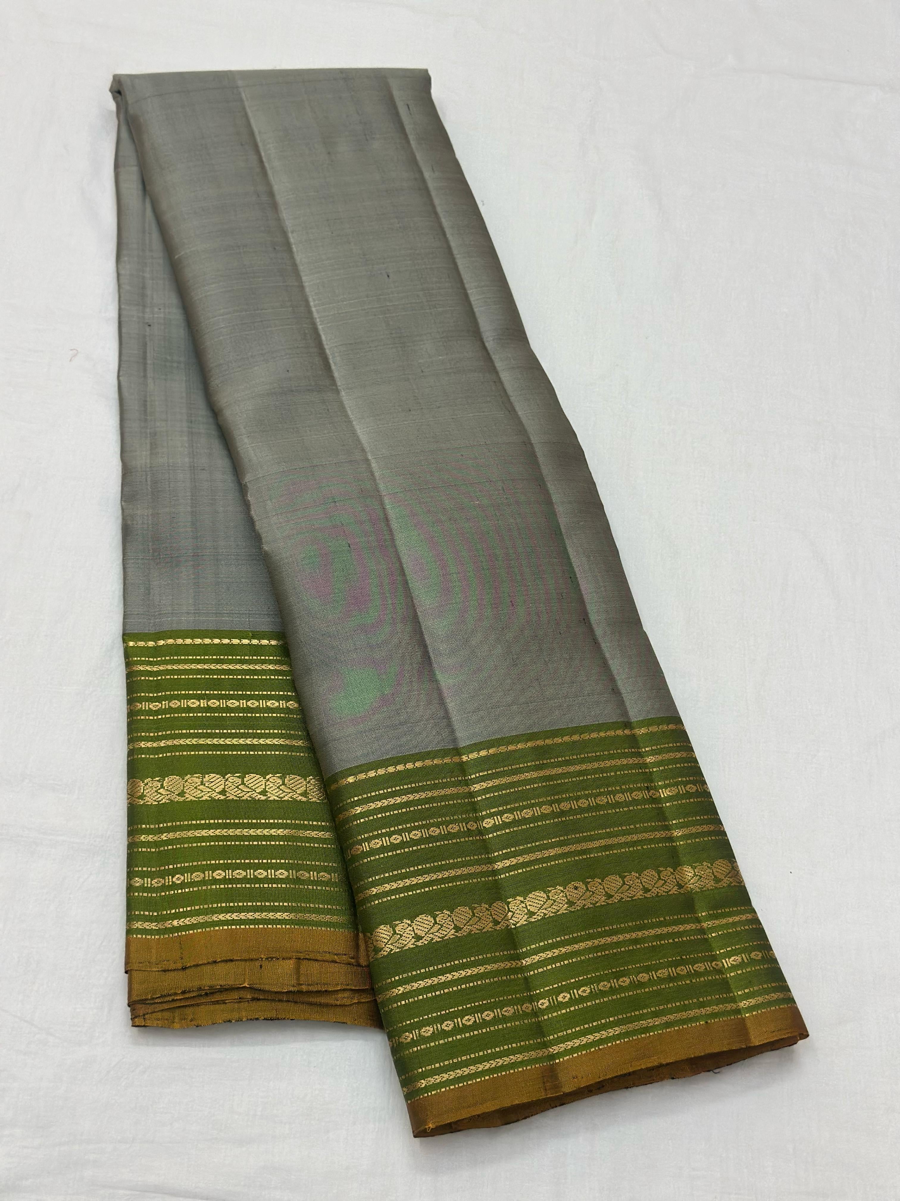 Classic Grey & Olive Green 1gm Zari Elegance Kanchipuram Handloom Silk Saree SS24760