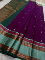 Load image into Gallery viewer, Classic Grape Purple &amp; Timber Green 2gm Zari Elegance Kanjivaram Handloom Silk Saree SS22936
