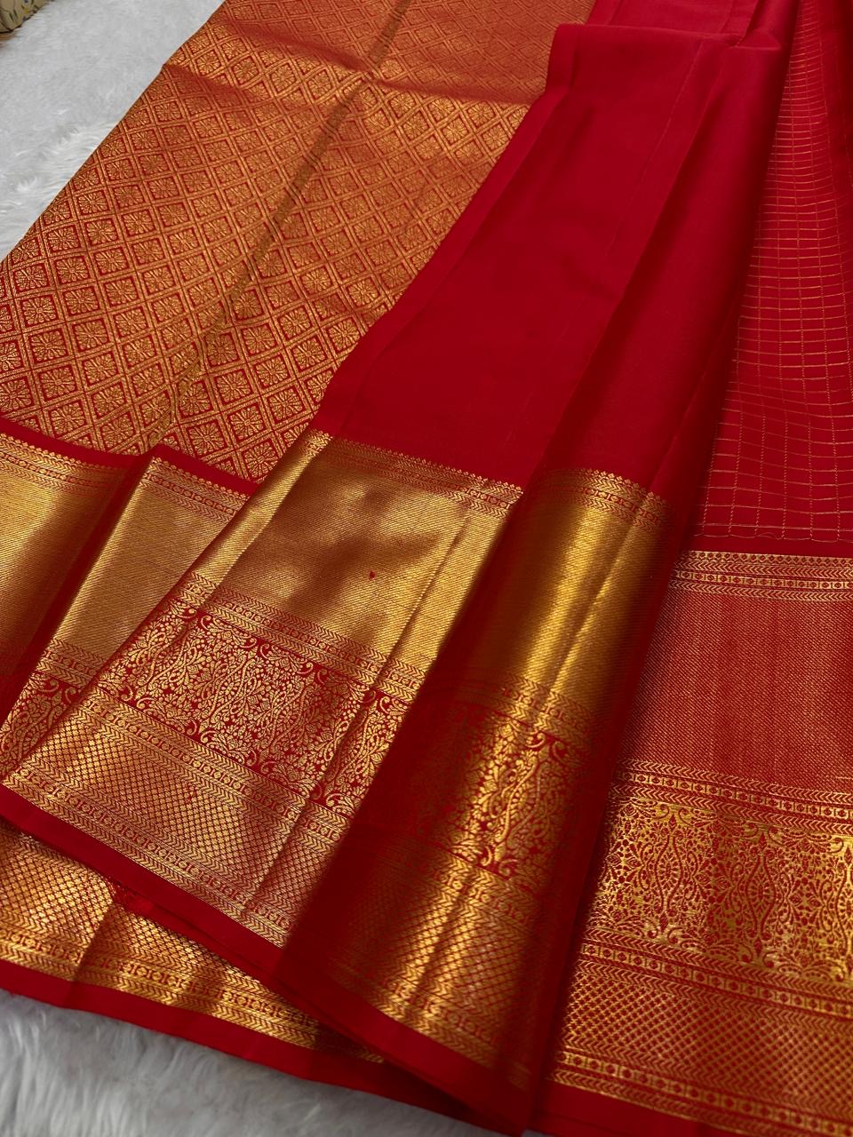 Classic Crimson Red 2gm Zari Vaira Oosi Checks Bridal Elegance Kanchipuram Handloom Silk Saree SS23735