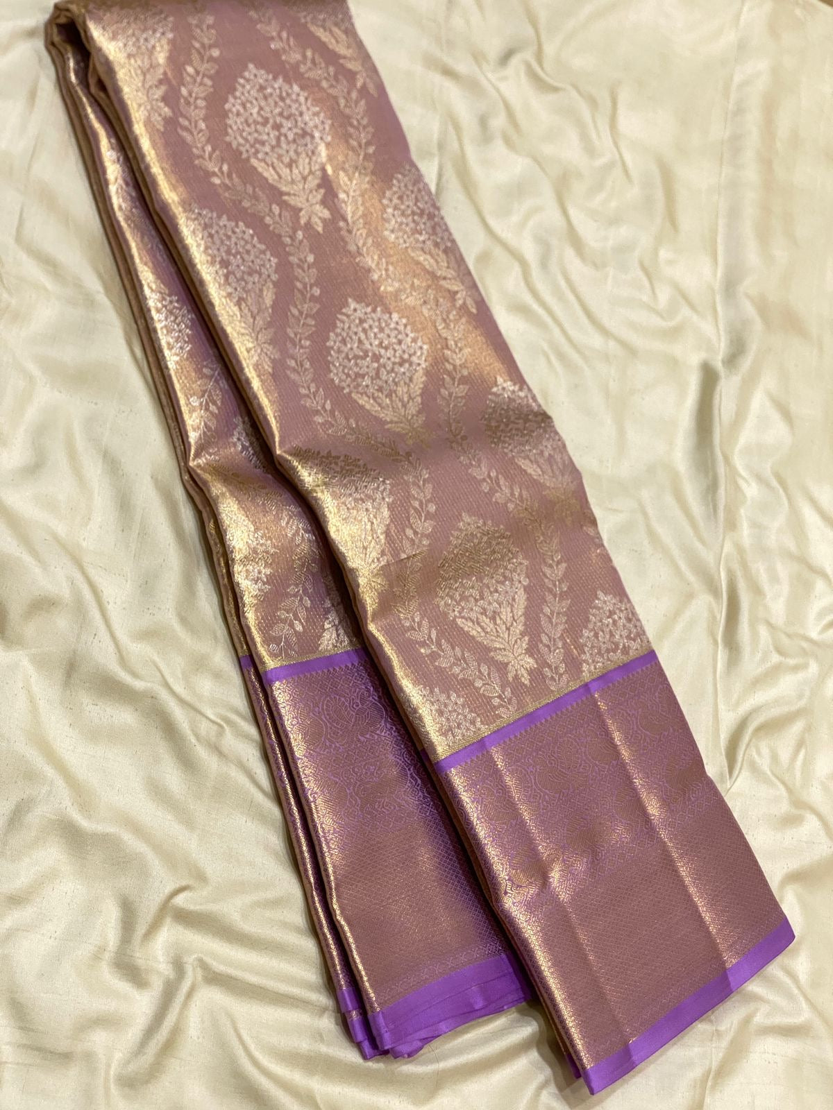 Pastel Lavender 2gm Zari Brocade Tissue Bridal Elegance Kanchipuram Handloom Silk Saree SS26664