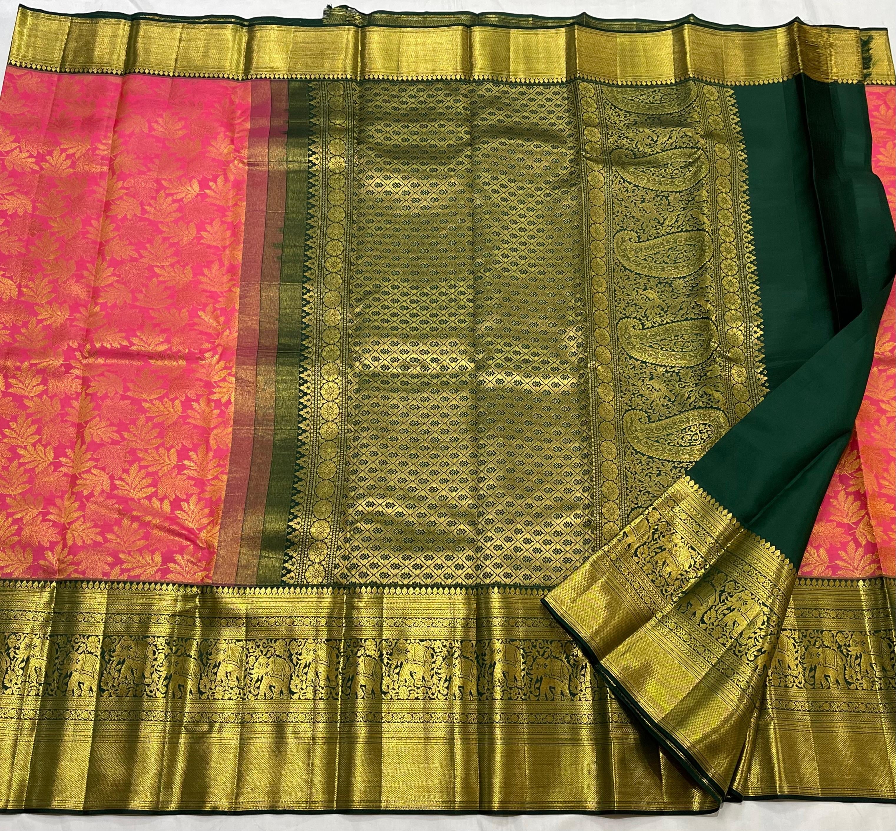 Classic Rose & Bottle Green 2gm Zari Brocade Bridal Elegance Kanchipuram Handloom Silk Saree SS23646