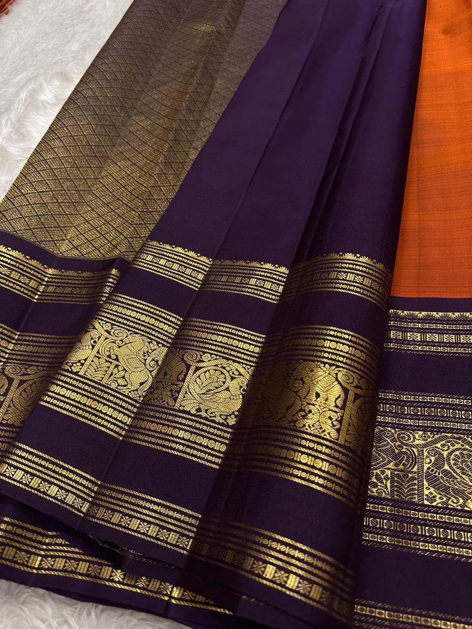 Classic Burnt Orange & Dark Blue 2gm Zari Elegance Kanchipuram Handloom Silk Saree SS25494