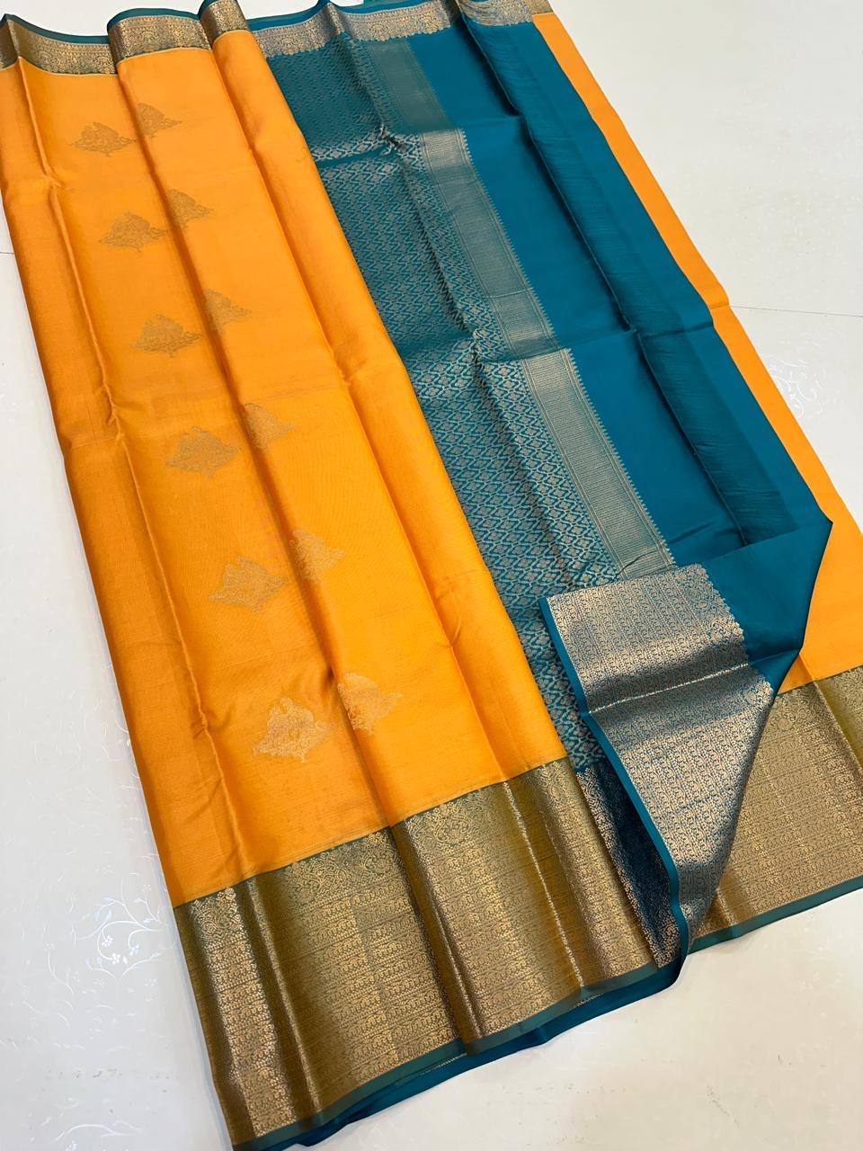 Classic Mango & Teal Green Elegance Handloom Silk Saree SS23572