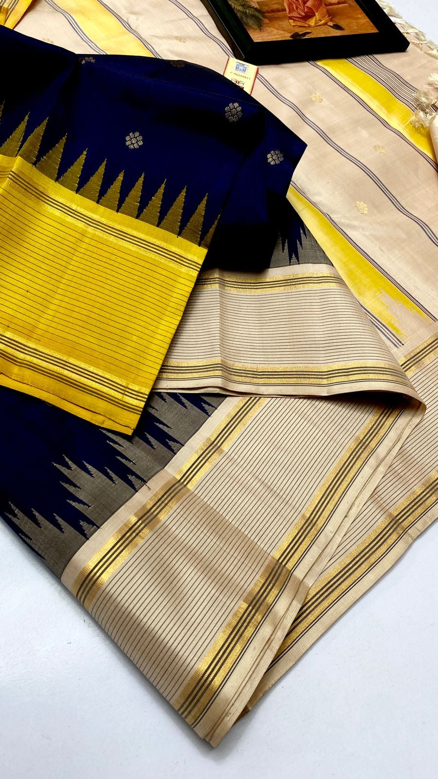 Classic Royal Blue Cream & Yellow Kanchipuram Handloom Silk Saree SS26263