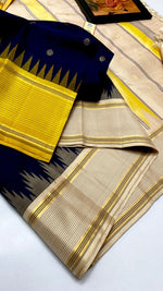 Load image into Gallery viewer, Classic Royal Blue Cream &amp; Yellow Kanchipuram Handloom Silk Saree SS26263
