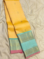 Load image into Gallery viewer, Classic Lemon Yellow &amp; Aqua 2gm Zari Elegance Kanchipuram Handloom Silk Saree SS28281

