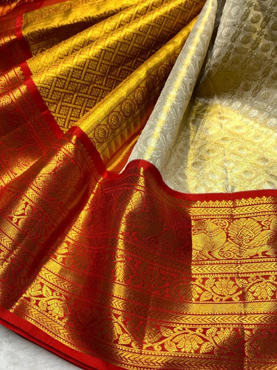 Classic Golden Cream & Red 2gm Zari Bridal Elegance Kanchipuram Handloom Silk Saree SS25281