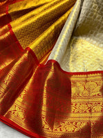 Load image into Gallery viewer, Classic Golden Cream &amp; Red 2gm Zari Bridal Elegance Kanchipuram Handloom Silk Saree SS25281

