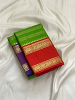 Load image into Gallery viewer, Classic Spring Green Brick Orange &amp; Steel Blue 2gm Zari Beldhari Designed Bridal Elegance Kanchipuram Handloom Silk Saree SS28325
