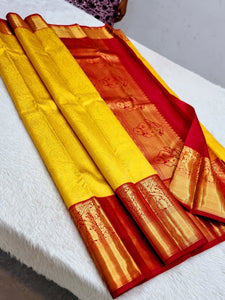 Classic Sunny Yellow & Chilly Red 1gm Zari Elegance Kanchipuram Handloom Silk Saree SS24042