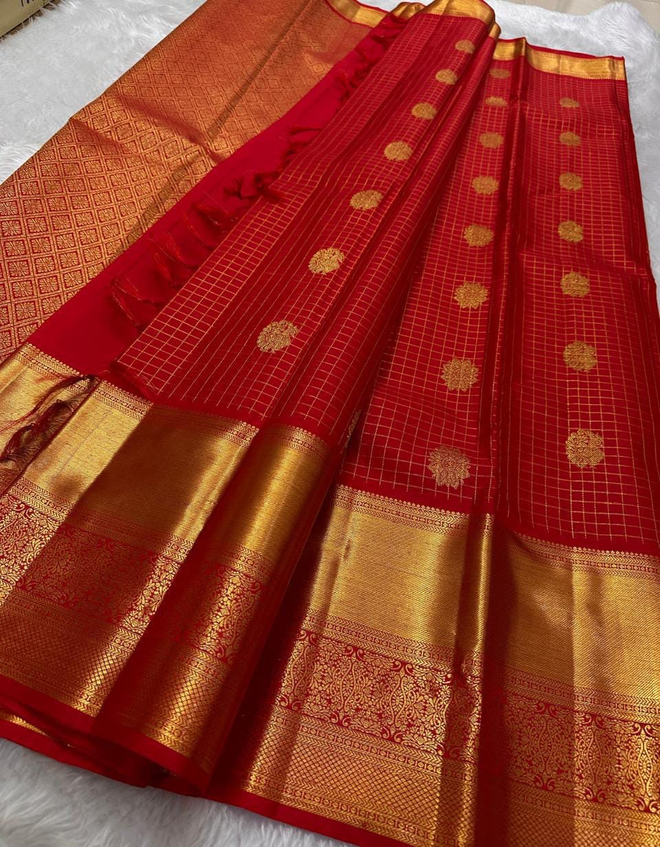 Classic Crimson Red 2gm Zari Vaira Oosi Checks Bridal Elegance Kanchipuram Handloom Silk Saree SS23735