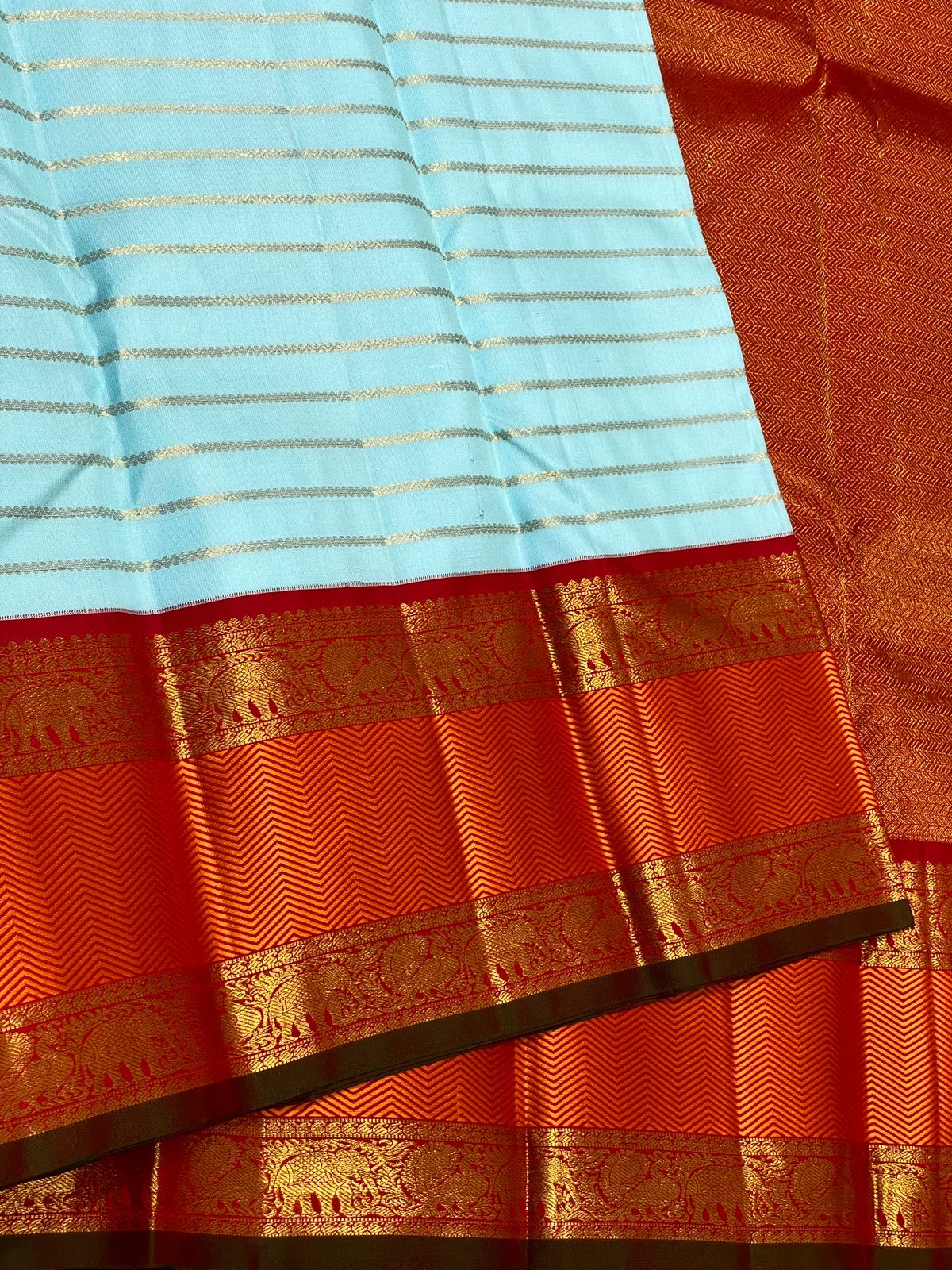 Classic Sky Blue & Barn Red 3gm Zari Vaira Oosi Beldari Design Elegance Kanchipuram Handloom Silk Saree SS24442