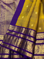 Load image into Gallery viewer, Classic Mustard Yellow &amp; Violet Long Border Vintage Elegance Kanchipuram Handloom Silk Saree SS27185
