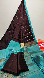 Load image into Gallery viewer, Coffee Brown &amp; Pastel Turquoise Green Double Warp Elegance Handloom Soft Silk Saree SS20607
