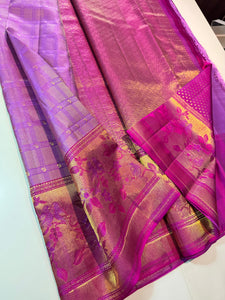 Classic Lavender & Berry Pink 2gm Zari Meenakari Resham Warp Kanchipuram Handloom Silk Saree SS25953