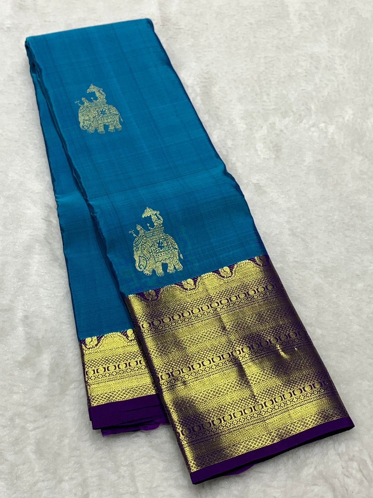 Classic Teal Blue & Purple 2gm Zari Bridal Elegance Kanchipuram Handloom Silk Saree SS23562