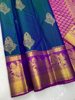 Load image into Gallery viewer, Classic Peacock Blue &amp; Fuchsia Pink 1gm Zari Elegance Kanchipuram Handloom Silk Saree SS24383
