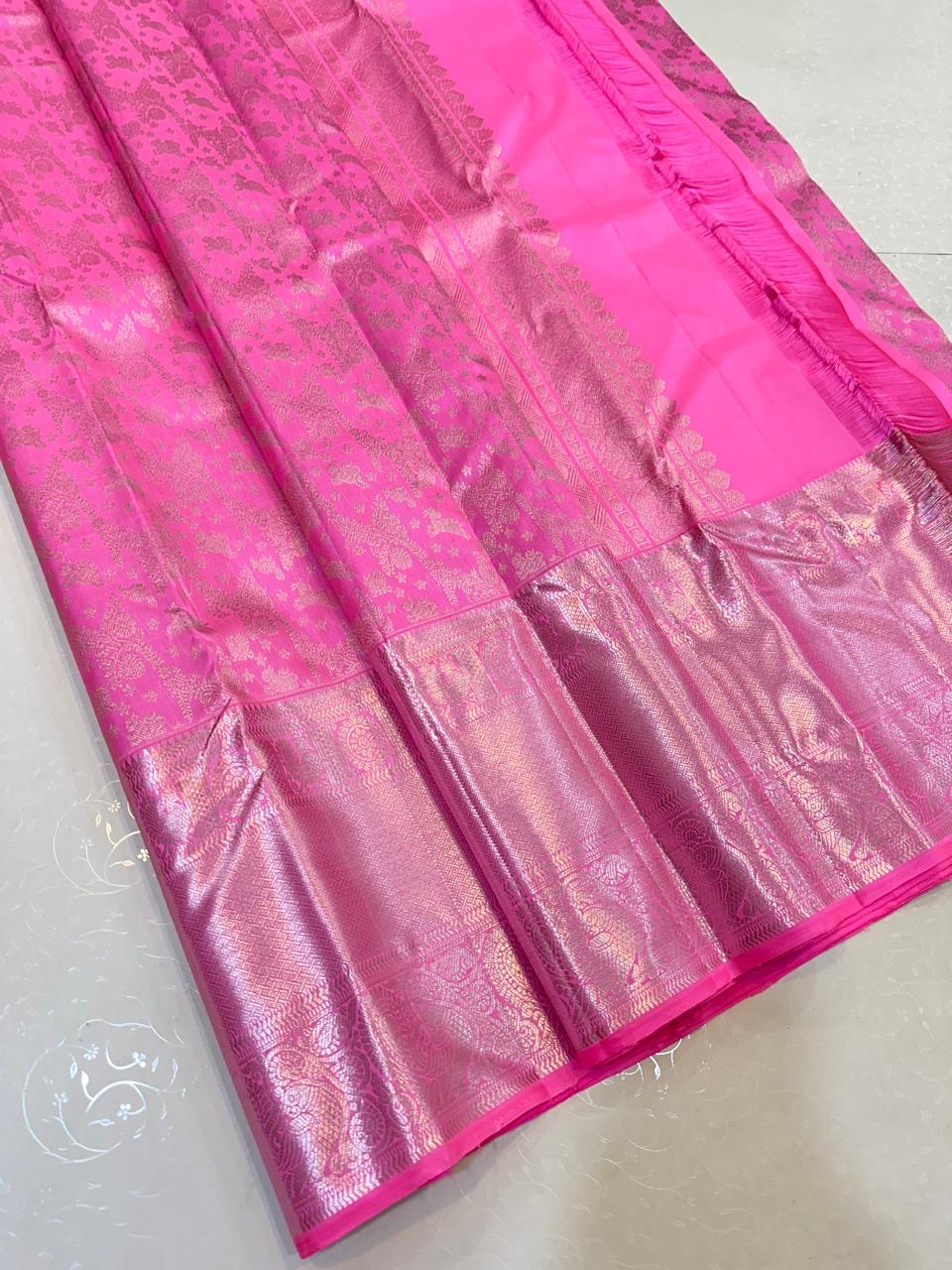 Classic Barbie Pink Silver 2gm Zari Bridal Elegance Kanchipuram Handloom Silk Saree SS24362