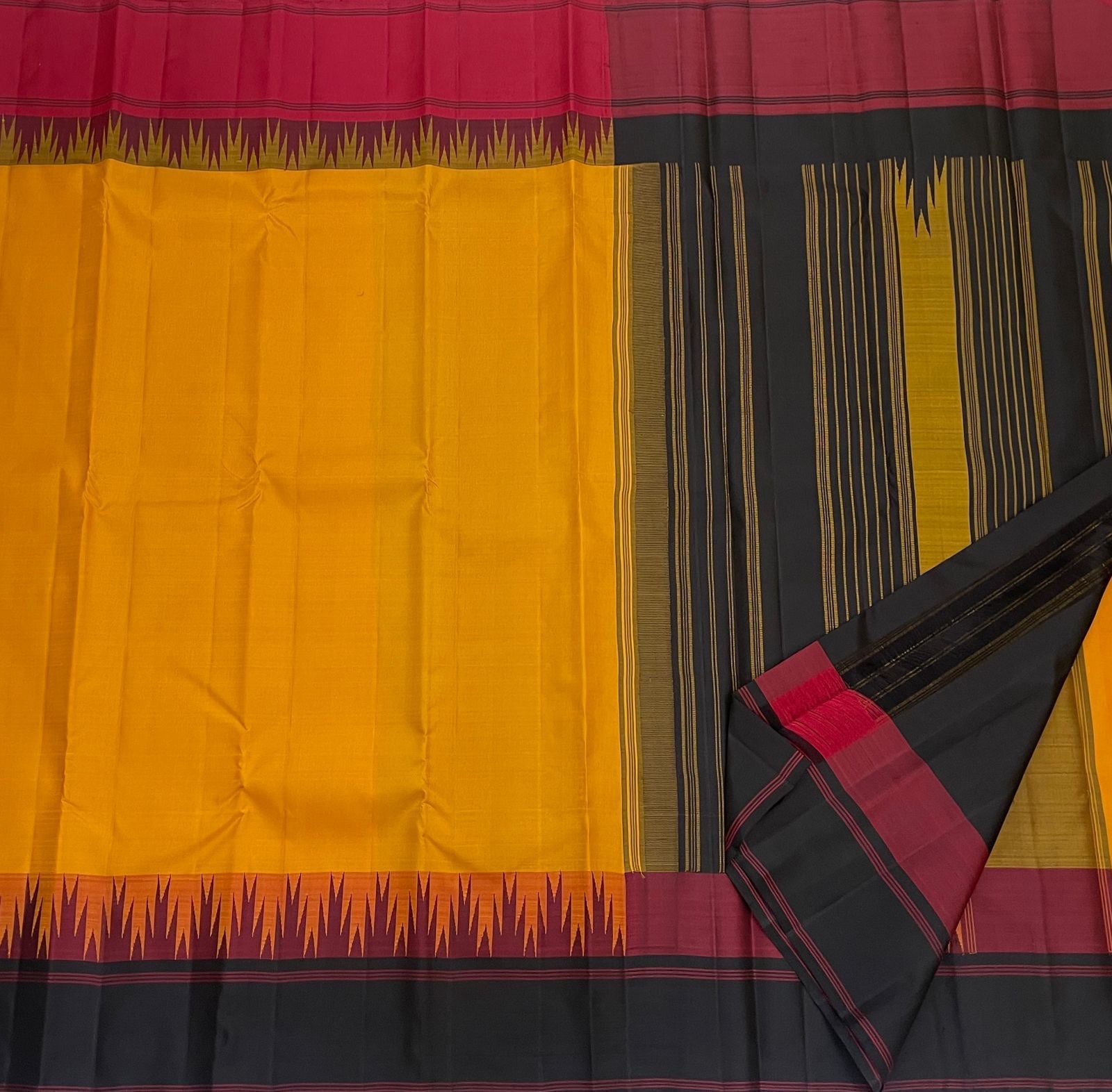 Mango Yellow & Shadow Black Ganga Jamuna Border Korvai Elegance Kanchipuram Handloom Silk Saree SS20526