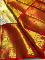 Load image into Gallery viewer, Classic Golden Cream &amp; Red 2gm Zari Bridal Elegance Kanchipuram Handloom Silk Saree SS25281
