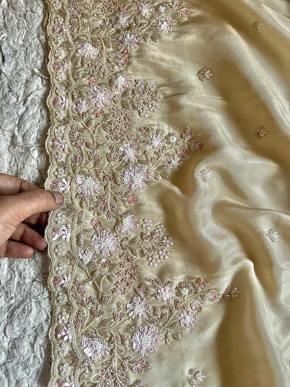 Classic Oatmeal Beige Handwork Elegance Banarasi Tissue Silk Saree SS25397