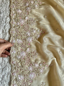 Classic Oatmeal Beige Handwork Elegance Banarasi Tissue Silk Saree SS25397