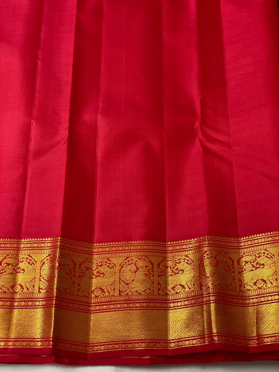 Classic Green Check & Chilli Red 2gm Zari Elegance Kanchipuram Handloom Silk Saree SS24155