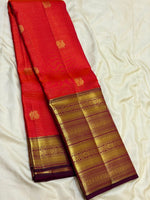 Load image into Gallery viewer, Classic Fiery Red &amp; Plum 2gm Zari Vaira Oosi Checks Elegance Kanchipuram Handloom Silk Saree SS28078

