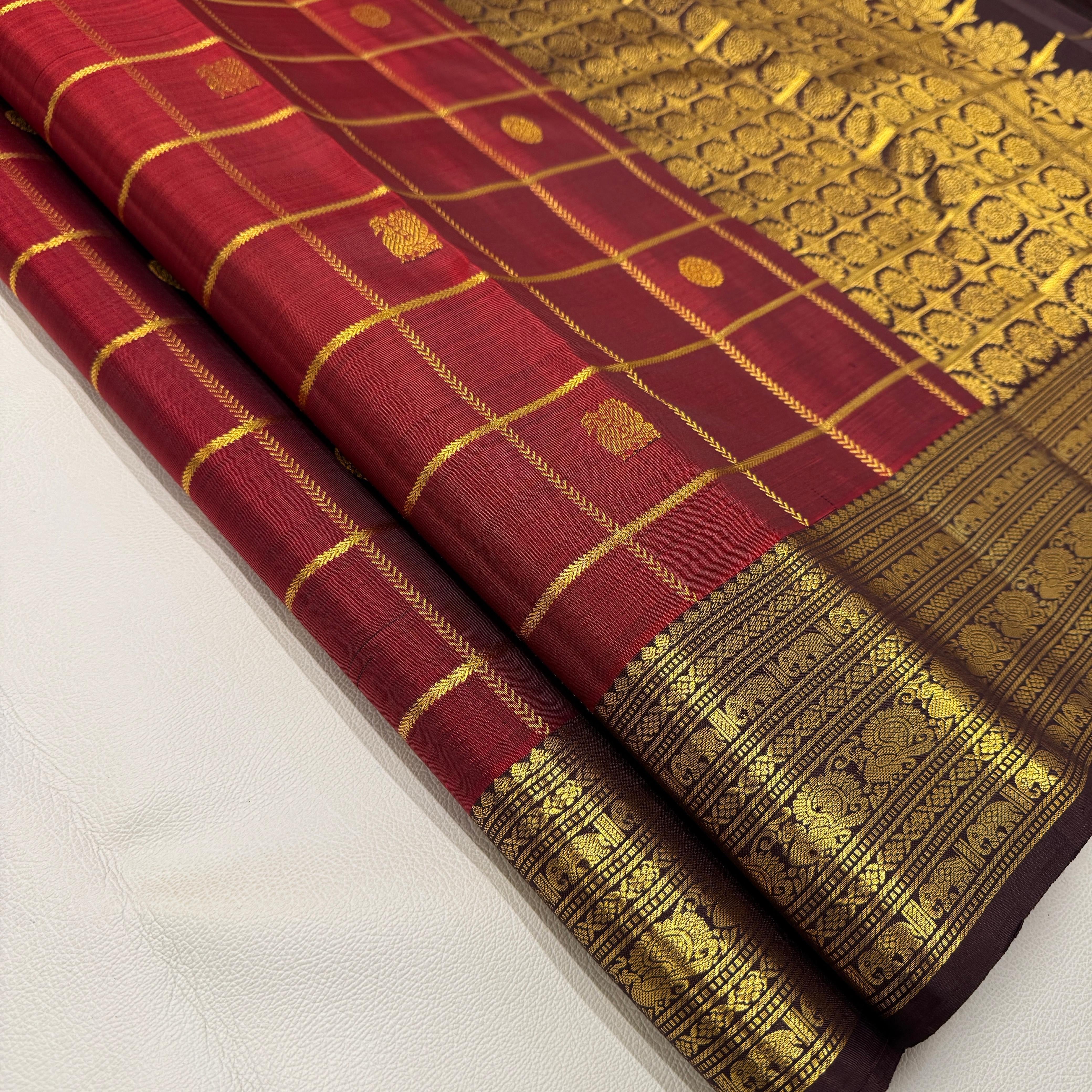 Classic Brick Red & Coffee Brown 2gm Zari Bridal Elegance Kanchipuram Handloom Silk Saree SS26497