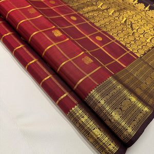 Classic Brick Red & Coffee Brown 2gm Zari Bridal Elegance Kanchipuram Handloom Silk Saree SS26497