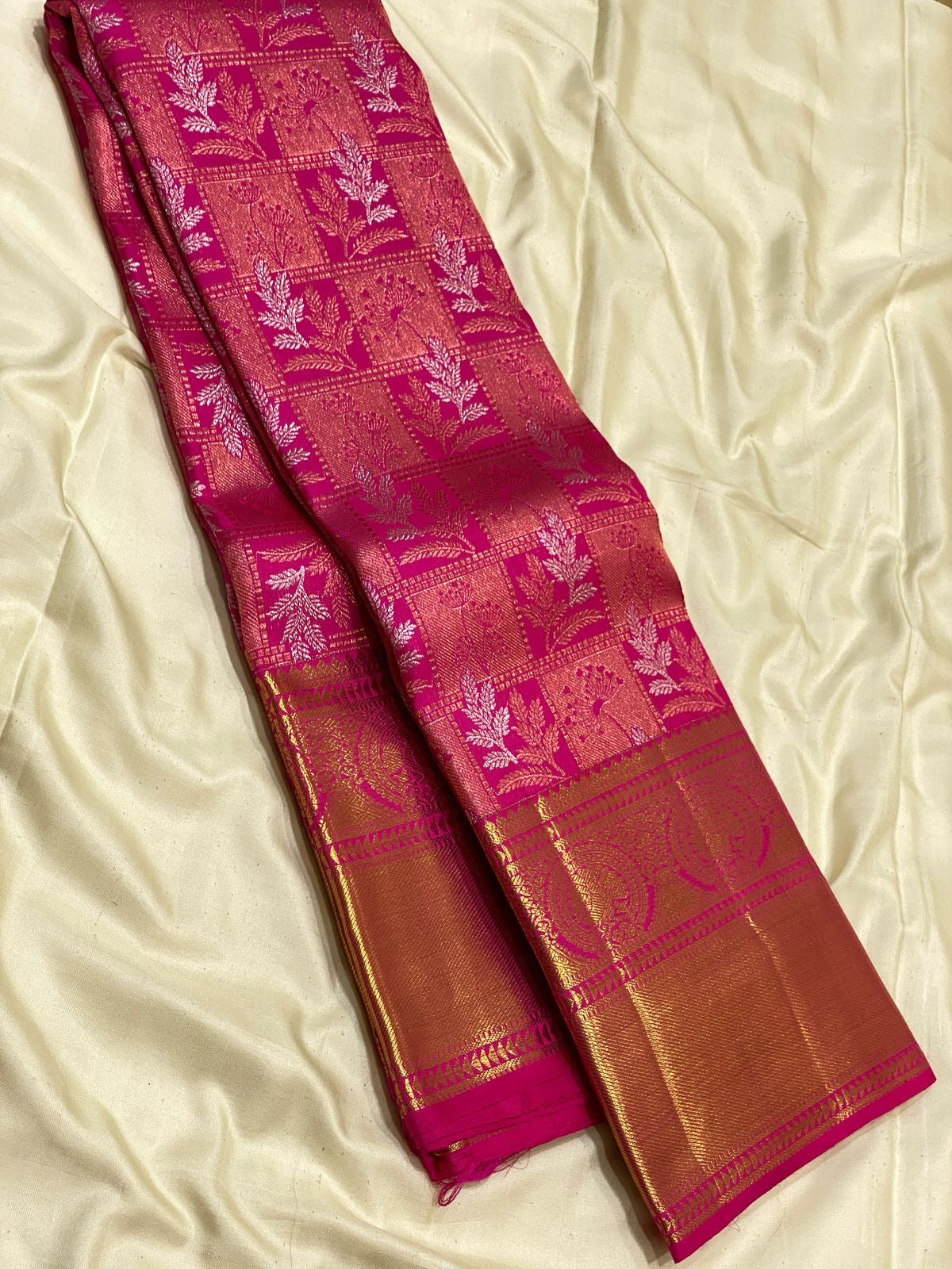 Classic Deep Pink 3gm Zari Meenakari Brocade Bridal Elegance Kanchipuram Handloom Silk Saree SS24703