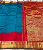 Load image into Gallery viewer, Classic Teal Blue &amp; Chilli Red 2gm Zari Kanchipuram Handloom Silk Saree SS25726
