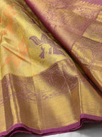 Load image into Gallery viewer, Classic Golden Cream &amp; Orchid Pink 2gm Zari Elegance Kanchipuram Handloom Silk Saree SS25242
