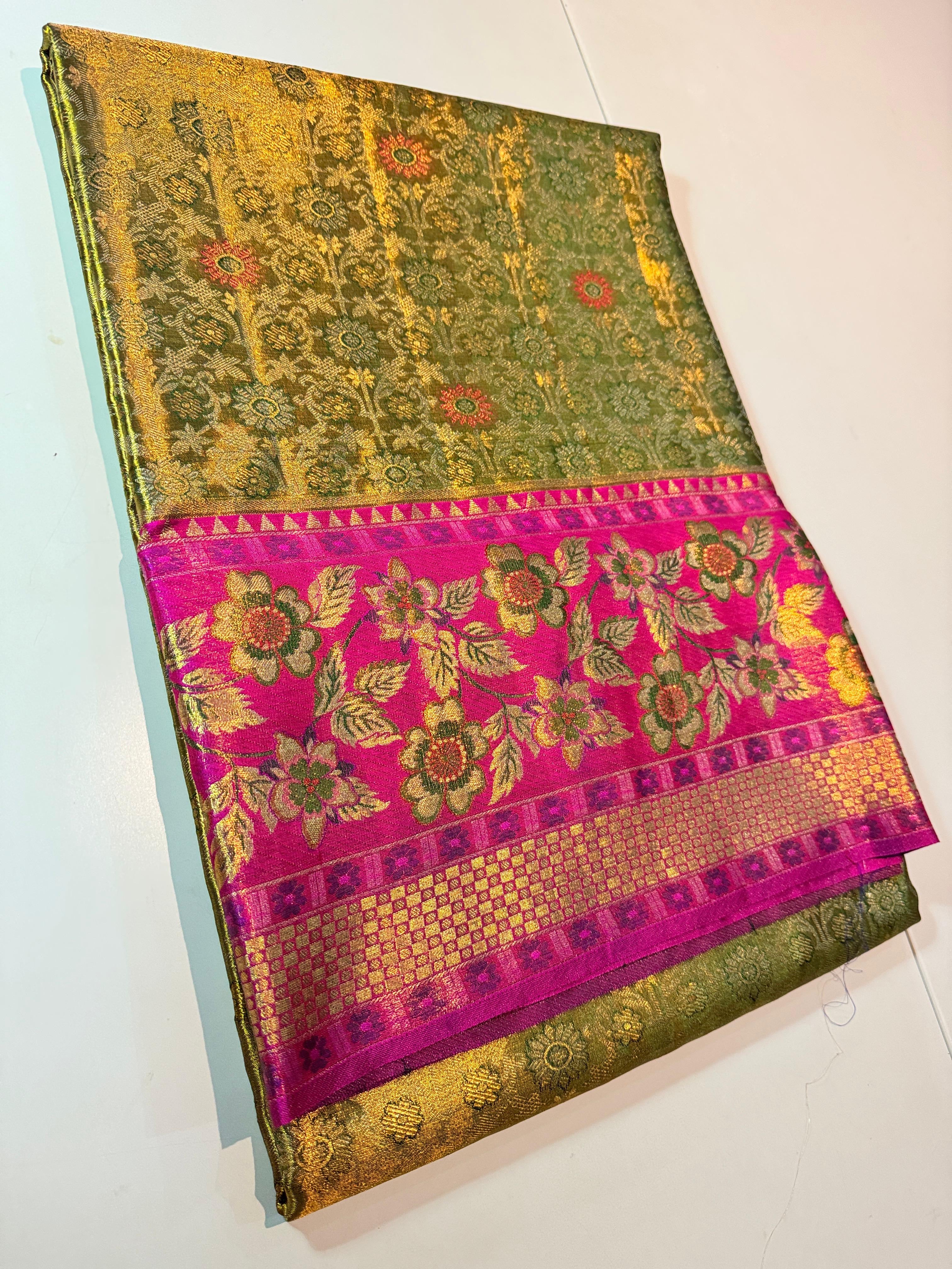 Classic Gold Green & Fuchsia Pink Meenakari Bridal Elegance Kanchipuram Handloom Silk Saree SS25846