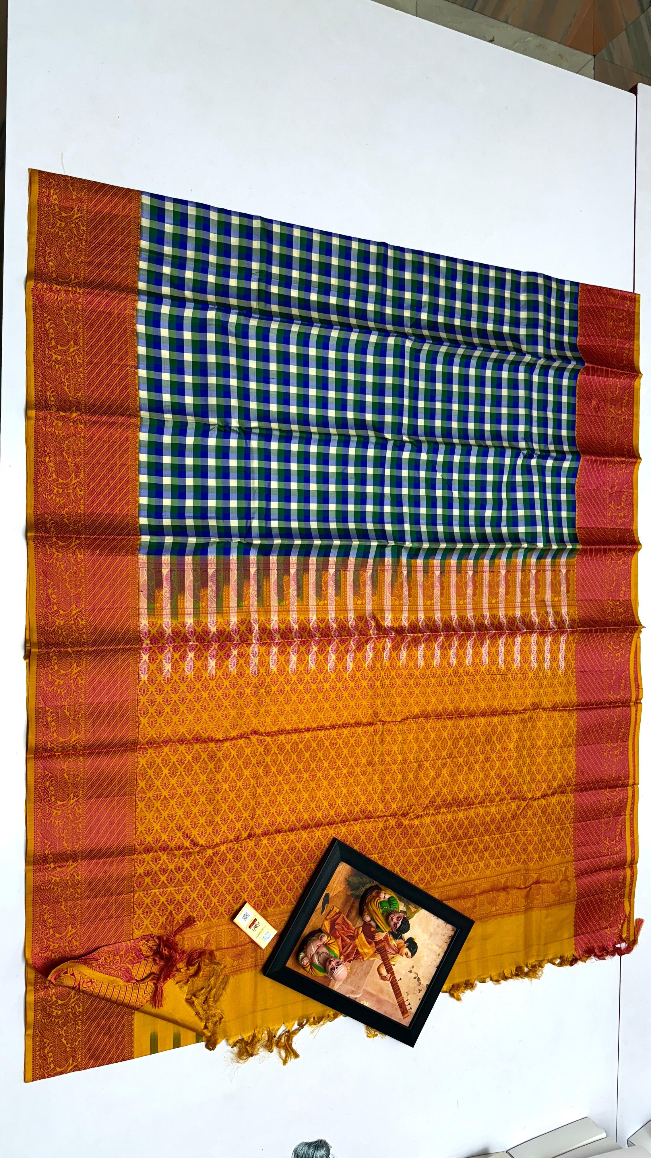 Classic Checker Blue & Orange Elegance Kanchipuram Handloom Silk Saree SS24142