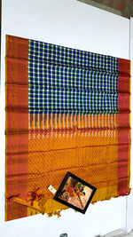 Load image into Gallery viewer, Classic Checker Blue &amp; Orange Elegance Kanchipuram Handloom Silk Saree SS24142
