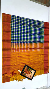 Classic Checker Blue & Orange Elegance Kanchipuram Handloom Silk Saree SS24142