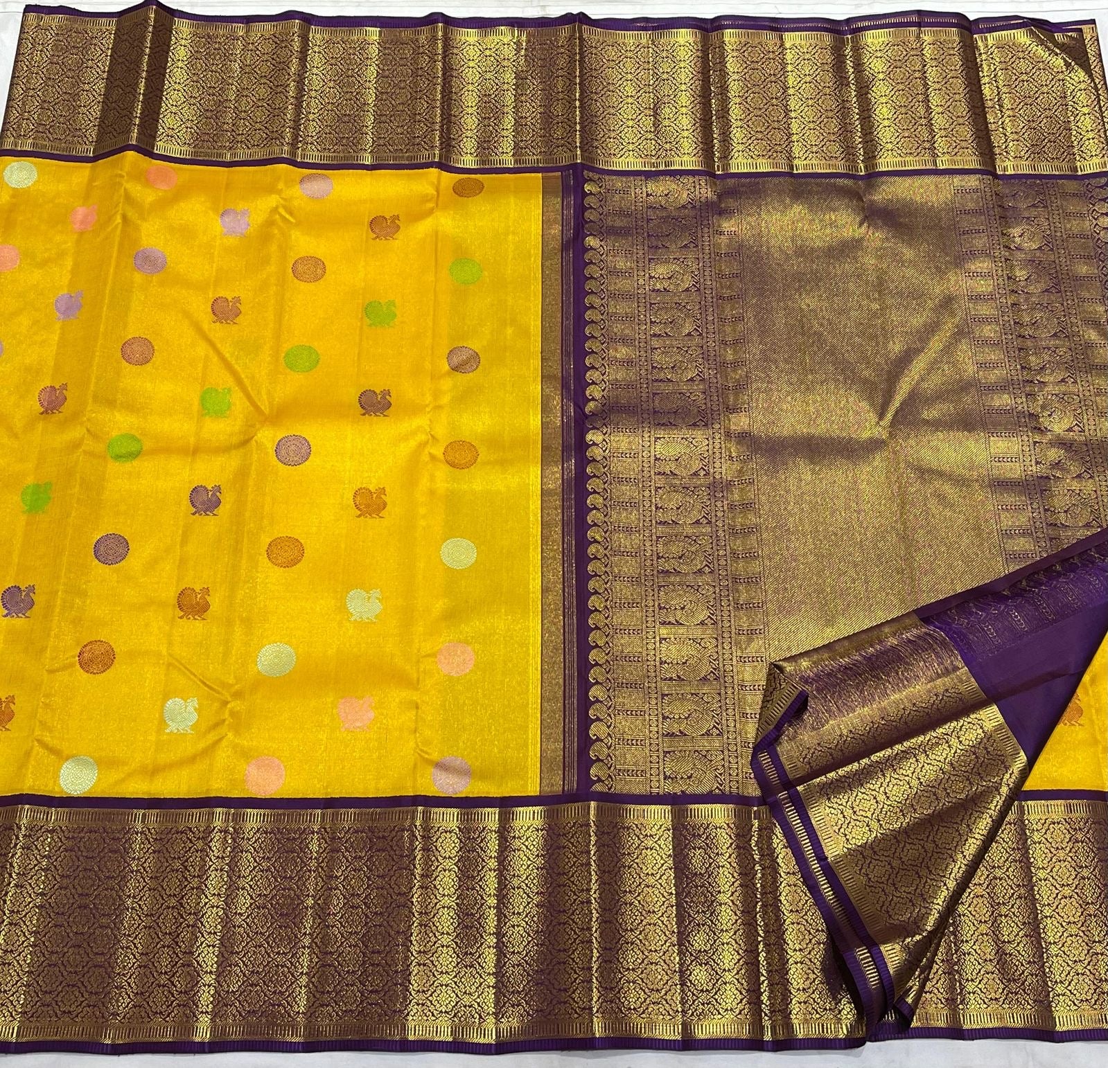 Classic Sunny Yellow & Berry Purple 3gm Zari Elegance Kanchipuram Handloom Silk Saree SS24454