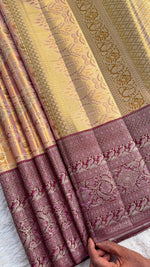 Load image into Gallery viewer, Classic Golden Cream &amp; Plum Bridal Elegance Kanchipuram Handloom Silk Saree SS28014
