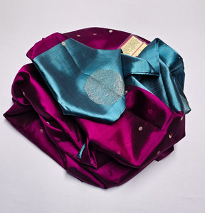 Classic Wine Red & Cerulean Blue Double Warp Elegance Handloom Soft Silk Saree SS20608