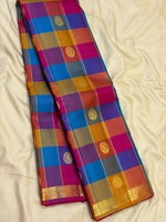 Load image into Gallery viewer, Classic Multicolor Check Pink Butta 1gm Zari Elegance Kanchipuram Handloom Silk Saree SS28329
