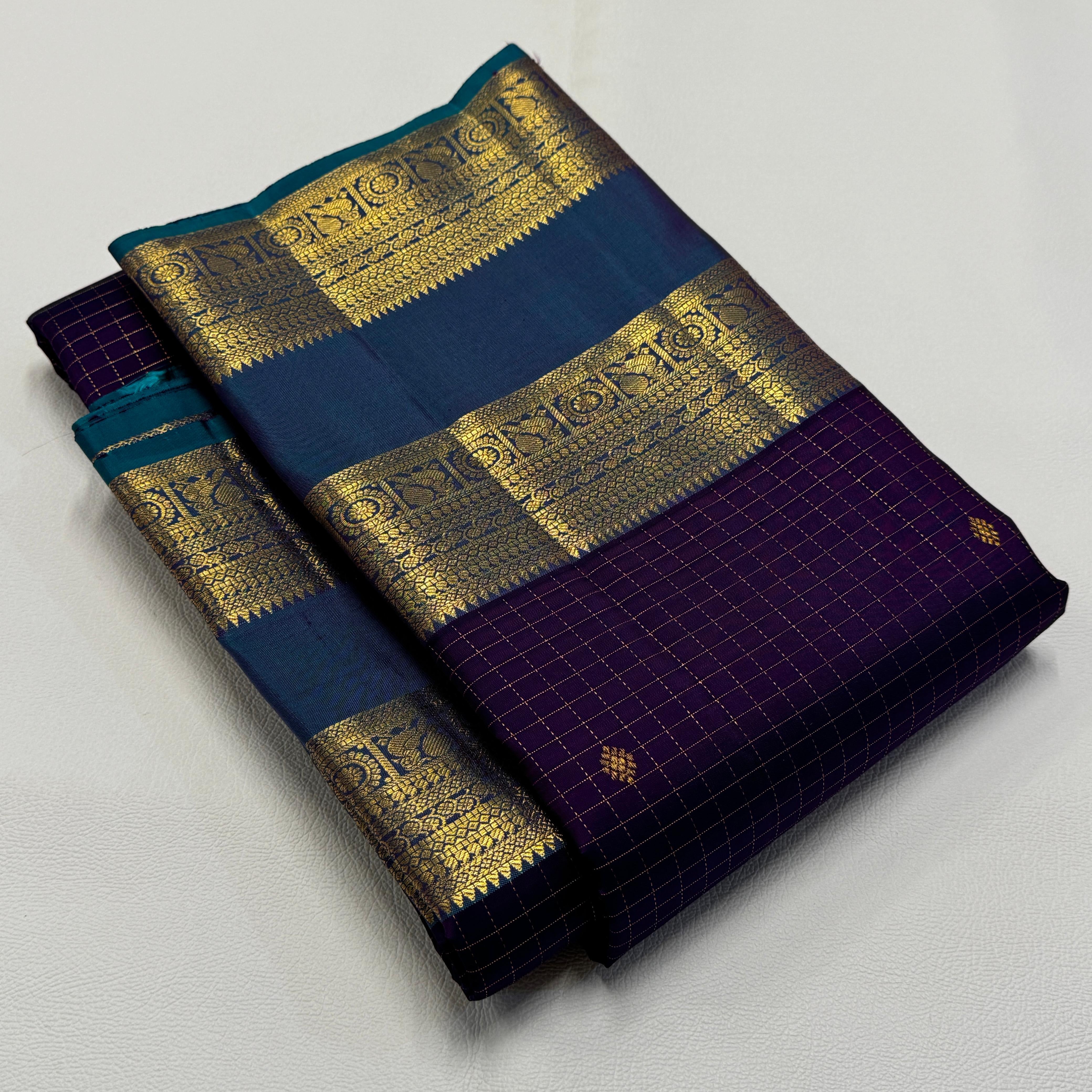 Classic Berry Violet & Teal Blue Vaira Oosi 1gm Zari Elegance Kanchipuram Handloom Silk Saree SS23584