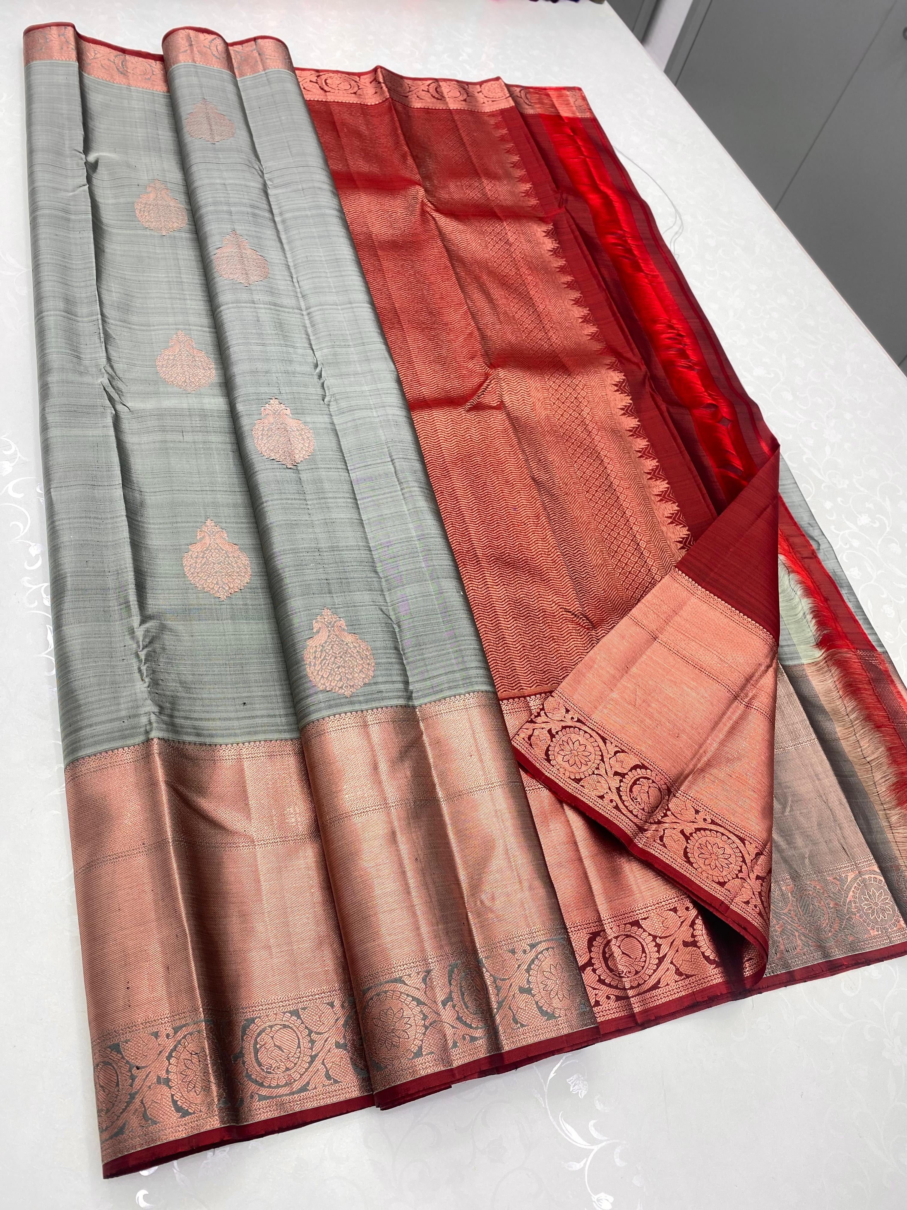 Classic Cement Grey & Brick Red 1gm Zari Elegance Kanchipuram Handloom Silk Saree SS25344