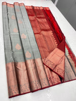 Load image into Gallery viewer, Classic Cement Grey &amp; Brick Red 1gm Zari Elegance Kanchipuram Handloom Silk Saree SS25344
