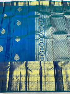 Classic Double Shade Blue 2gm Zari Bridal Elegance Kanchipuram Handloom Silk Saree SS24787